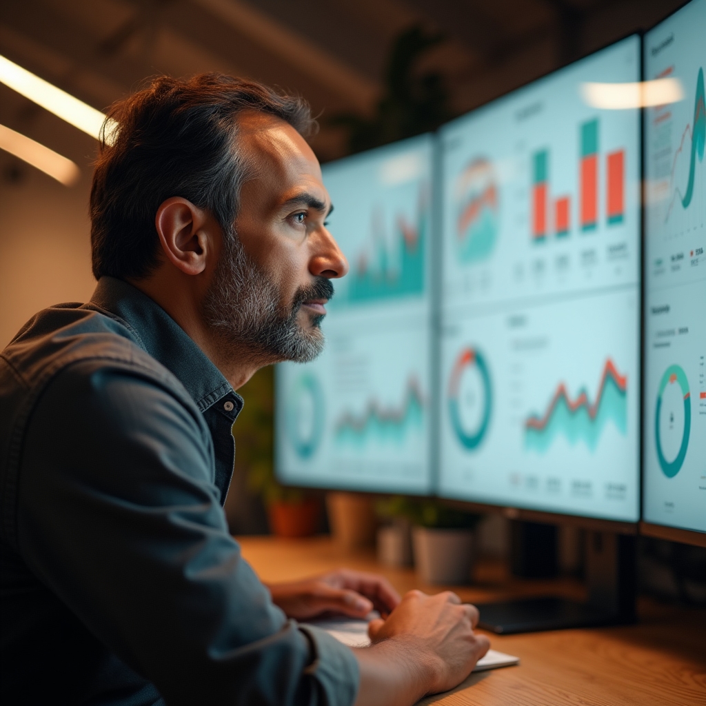 Consultant analizând un dashboard de analytics pe un ecran mare într-un birou modern