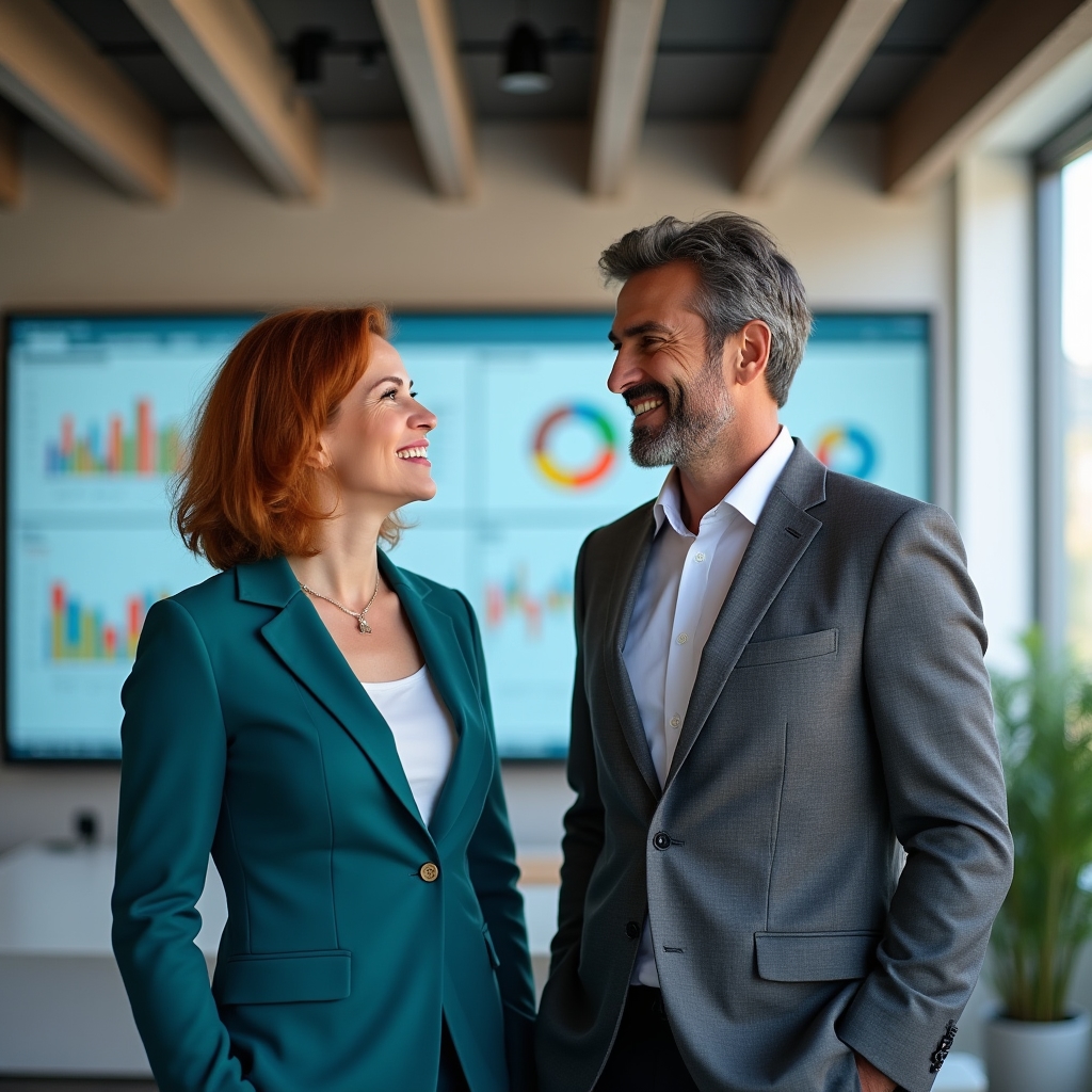 Consultanți în date discutând într-un birou modern cu grafice pe ecran