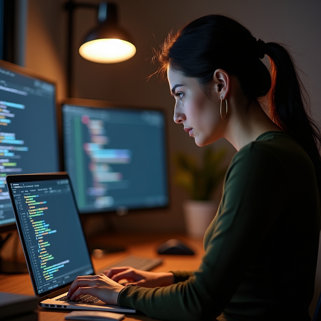 Specialist configurând un sistem de tracking pe un laptop cu coduri și grafice vizibile